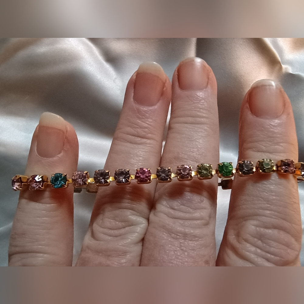 1950s Vintage Party Rainbow Rhinestone Cardigan Chain Gold Tennis Bracelet